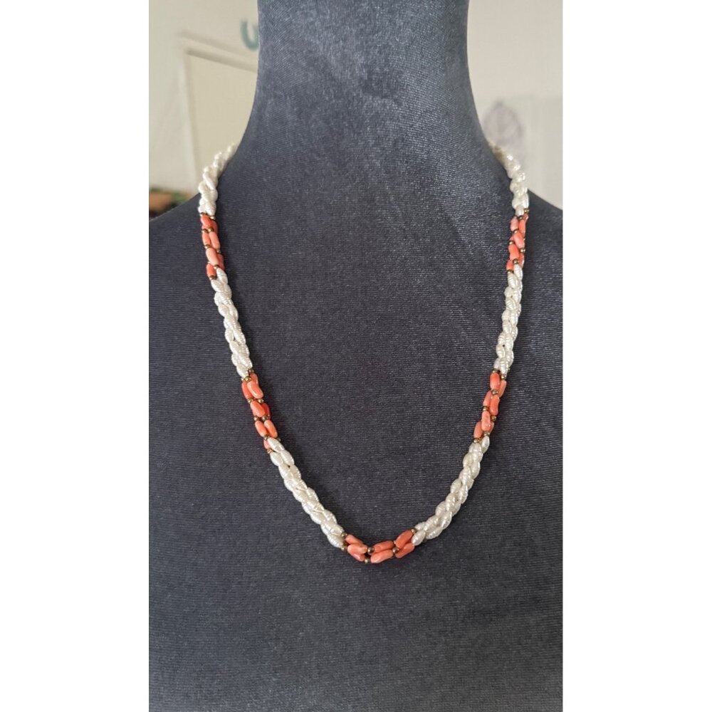 Vintage Twisted White Faux Pearl & Coral Bead Necklace With Gold Clasp